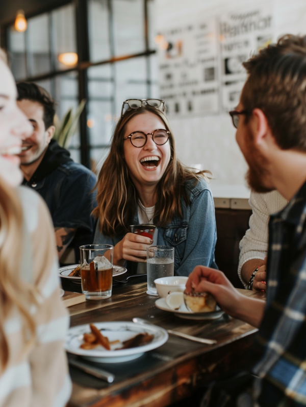 Friends laughing together at a cozy cafe.