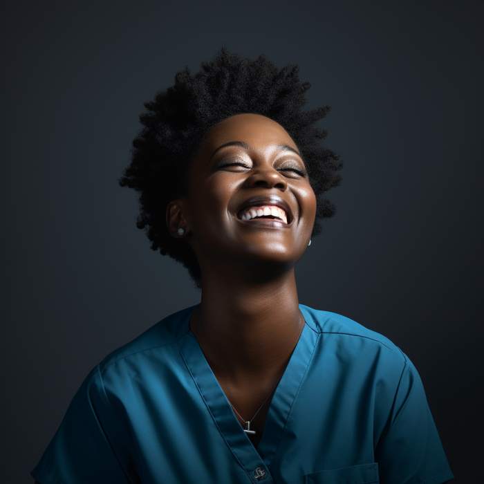 Happy woman in teal scrubs laughing.