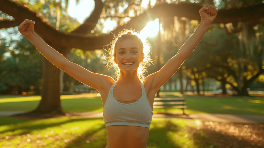 Smiling weight loss clients holding up their old, larger clothes. A woman stands in a sunny park, dressed in fitted casual wear, holding up a pair of large shorts she used to wear, smiling happily. The park's greenery and a bench are visible in the background, with bright sunlight enhancing the scene.