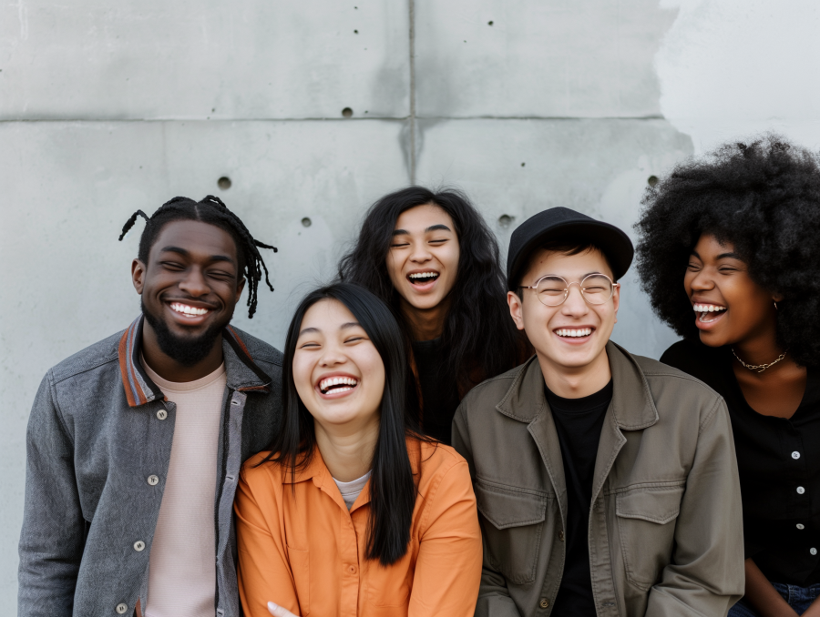 Diverse group of friends laughing together outdoors
