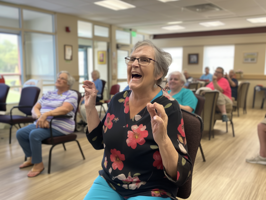 Senior woman laughing at social gathering.