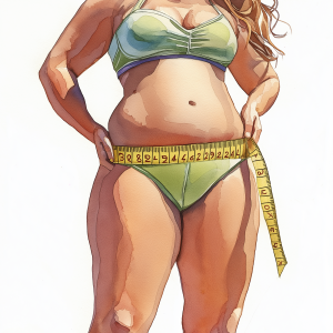 Illustration of woman measuring waist with tape.