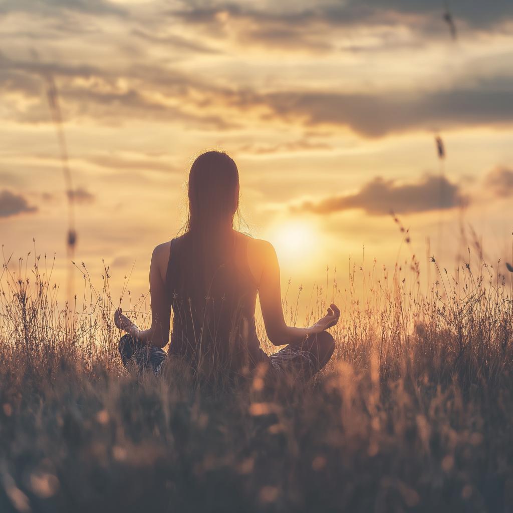 Woman meditating in field at sunset.