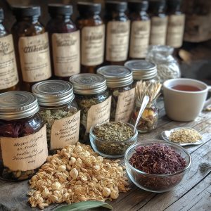 Herbal tea ingredients and apothecary jars on table.