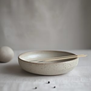 Ceramic bowl with chopsticks on textured background.