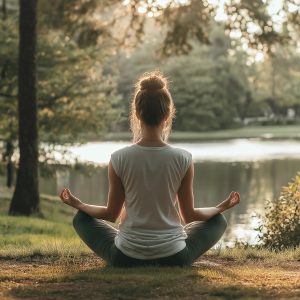 Woman meditating by serene lake at sunset.