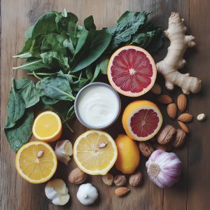 Fresh citrus, greens, nuts, and ginger on wood.