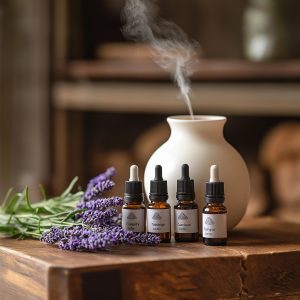 Essential oil bottles with diffuser and lavender on table.