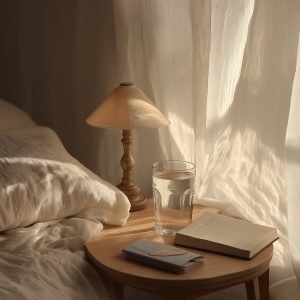 Cozy bedroom with lamp, book, and water glass.