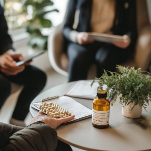 Business meeting with documents and homeopathic medicine on table.