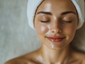 Woman relaxing with towel on head, eyes closed, serene. Acupuncture for Skin Health: A Natural Glow