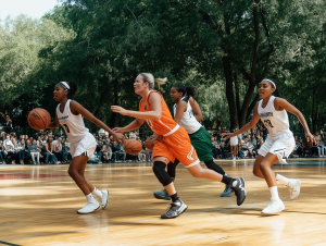 Women's basketball game in action outdoors. Acupuncture in Sports Medicine