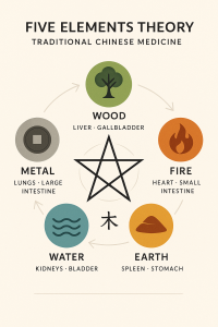 A captivating infographic-style visual showing the Five Elements Theory, with wood, fire, earth, metal, and water icons, detailed color-coded sections, Chinese calligraphy characters, subtle gradients, clear typography, engaging layout, minimalistic design with modern and traditional blend, ideal for educational materials