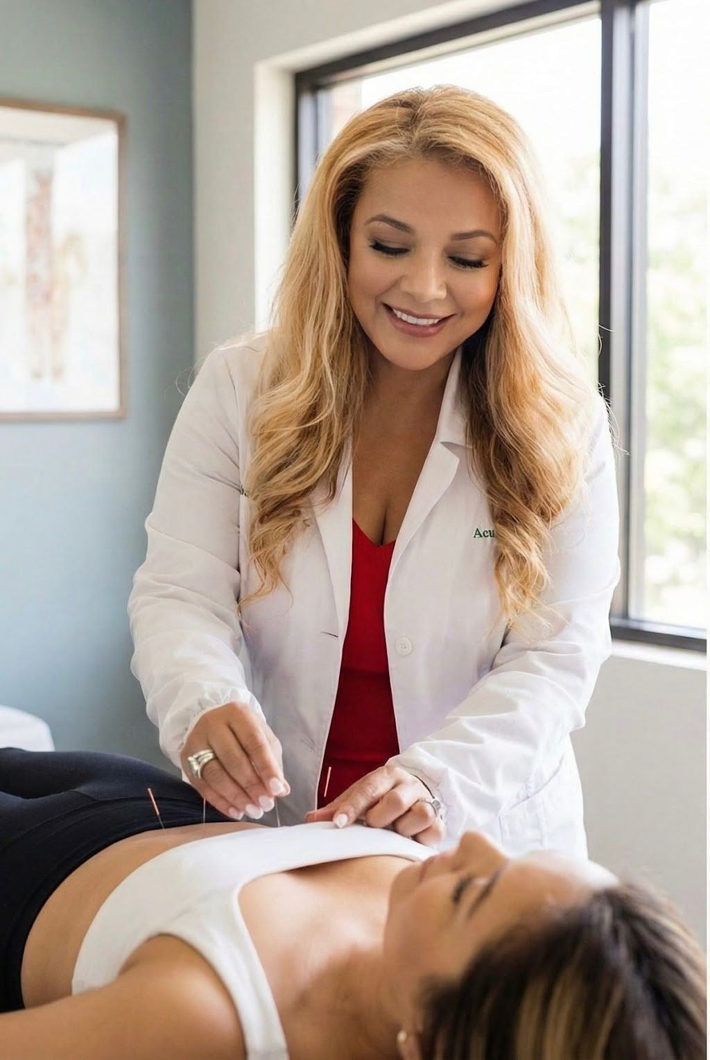 Dr. Cecilia Rusnak, LME, AP, DAc performing acupuncture treatment at AcuMedGroup Wellness Center in Kissimmee, FL